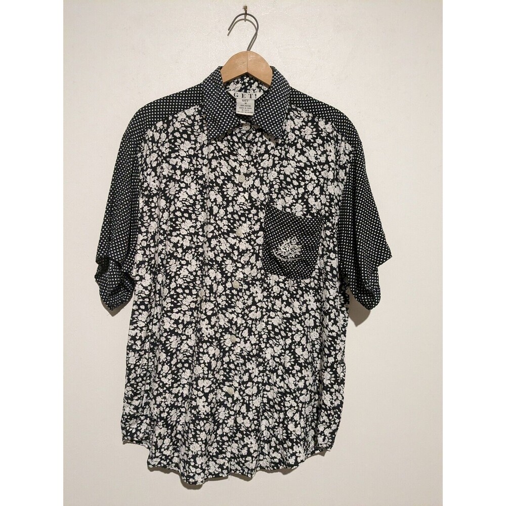 Vintage 80s Mixed Print Collar Blouse Top M  Black White